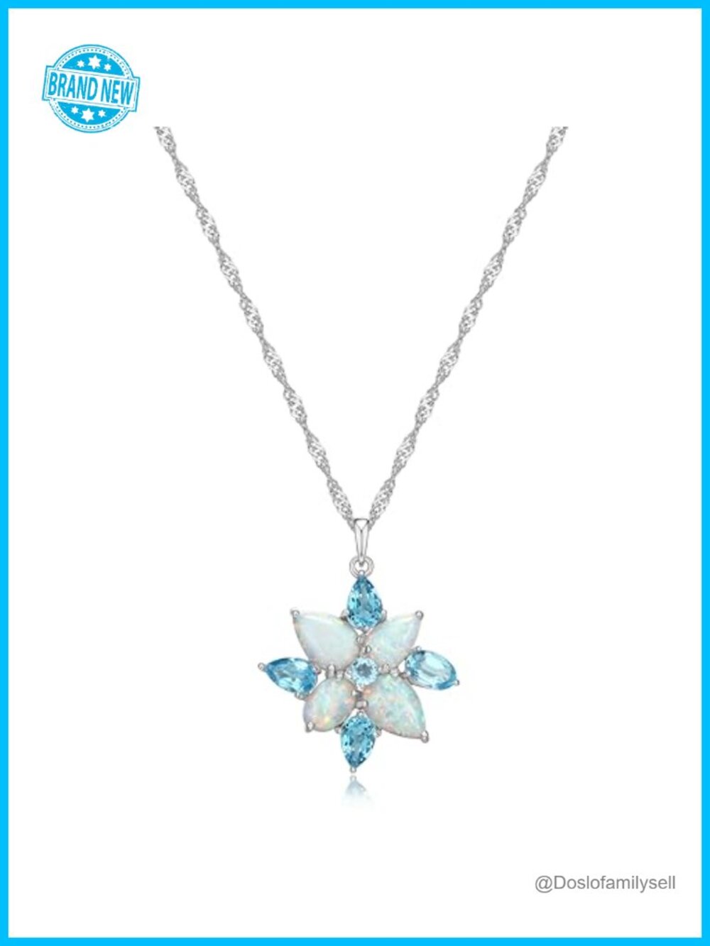 Sterling Silver Rhodium Plated Created Opal Blue Topaz Flower Pendant Necklace